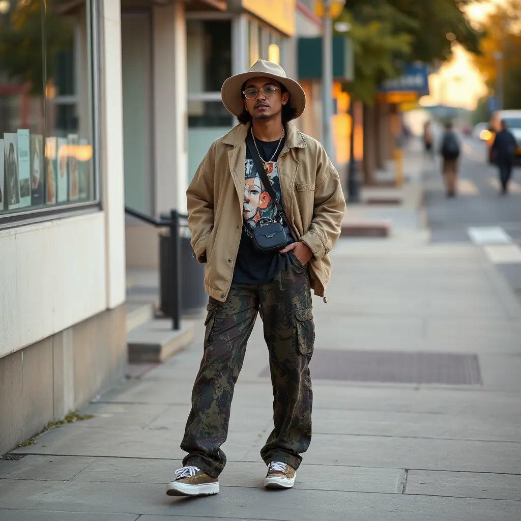 Stylish person in artistic street fashion with layered streetwear and graphic prints on a city sidewalk