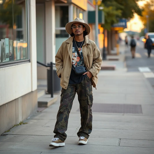 Stylish person in artistic street fashion with layered streetwear and graphic prints on a city sidewalk