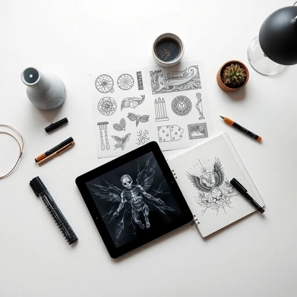 Tattoo stencil and bold surreal design concept on a studio desk with an AI art tablet nearby