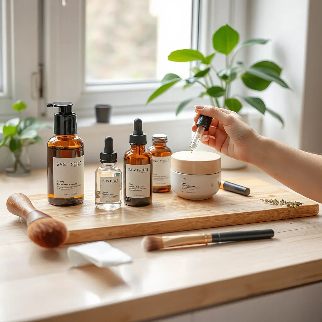 Neatly arranged skincare products on a vanity beside natural plants with a hand applying serum