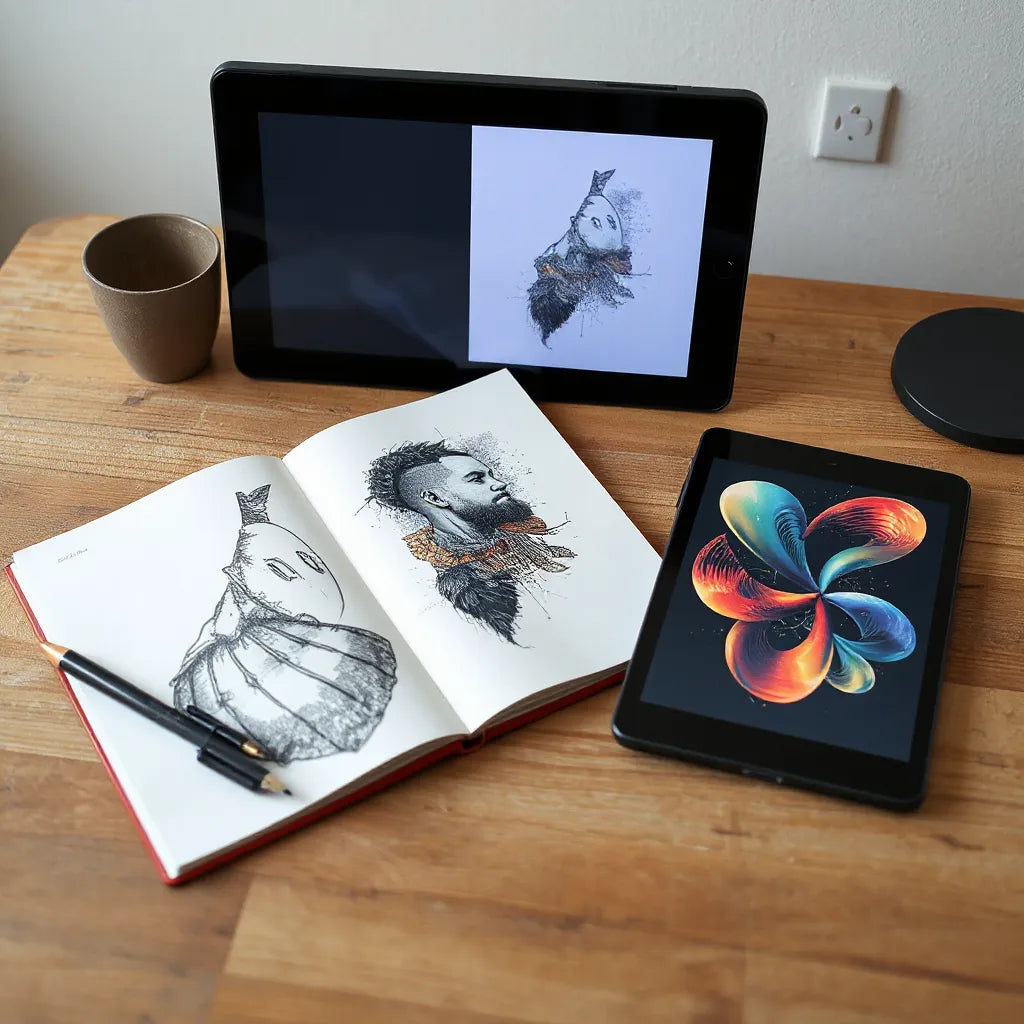 Tattoo design sketchbook with bold linework and a tablet preview of surreal graphic AI concepts