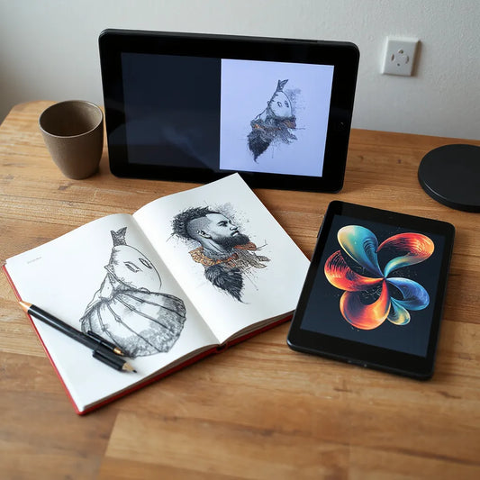 Tattoo design sketchbook with bold linework and a tablet preview of surreal graphic AI concepts