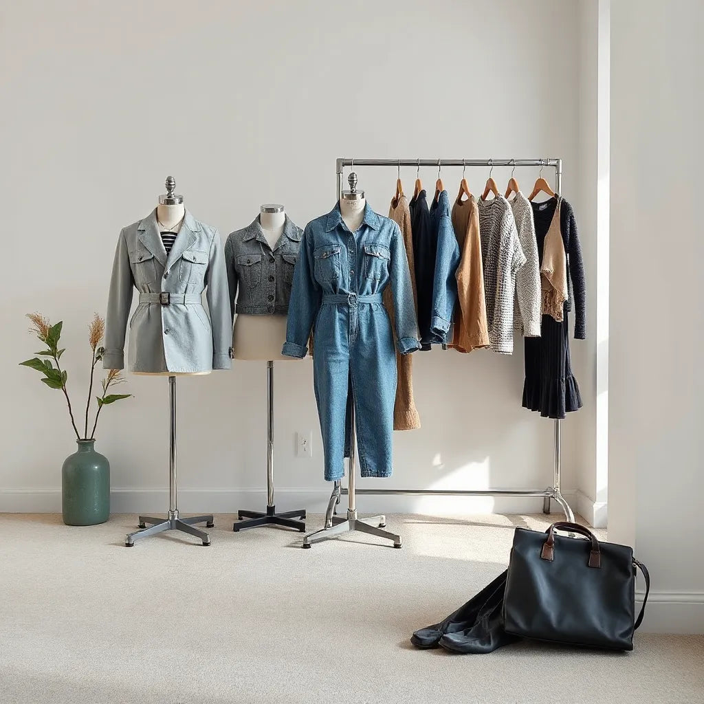 Mannequins and a clothing rack showcasing premium outfits in soft natural light for limited fashion drops