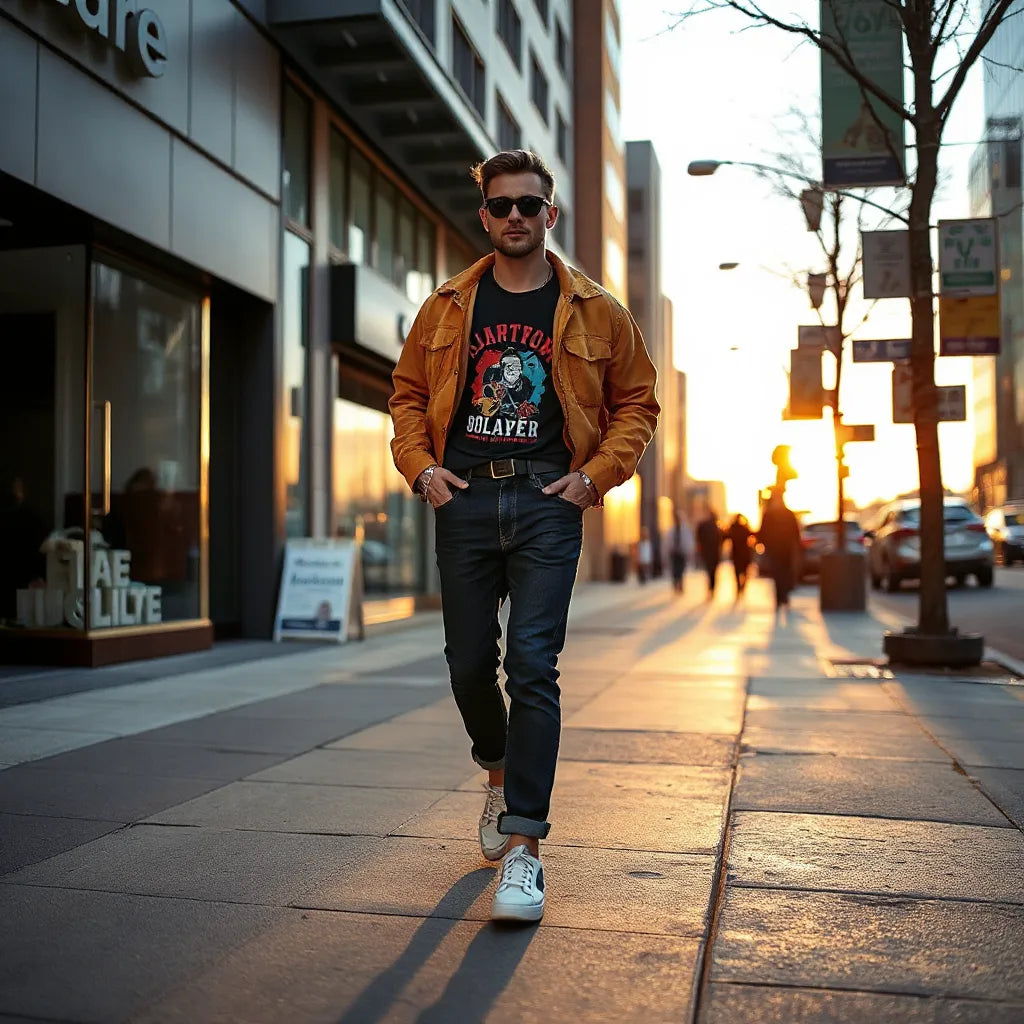 Model in bold streetwear outfit with layered jacket, graphic tee, and sneakers on a city sidewalk