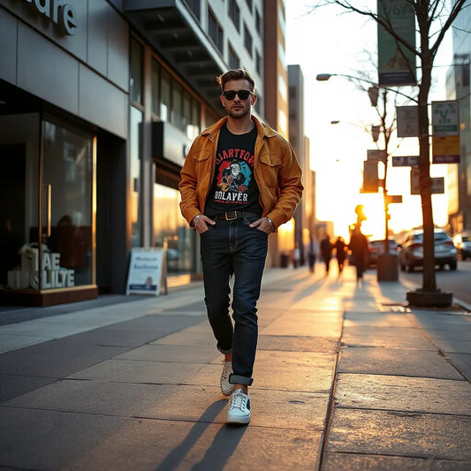 Model in bold streetwear outfit with layered jacket, graphic tee, and sneakers on a city sidewalk