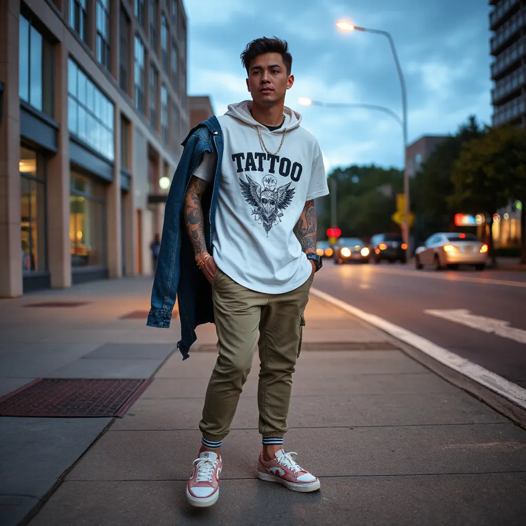 Person in tattoo-inspired streetwear outfit with graphic tee, hoodie layers, and sneakers on a city sidewalk at dusk