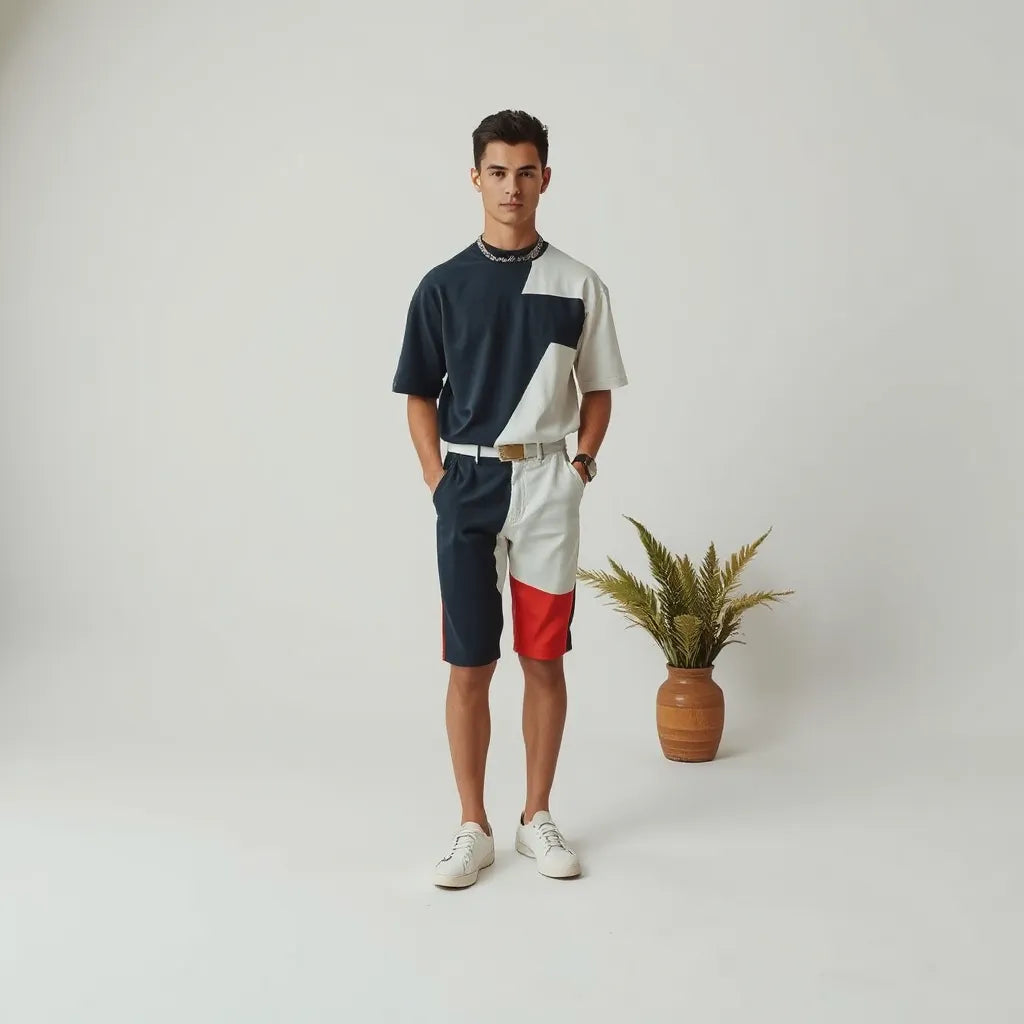 Person modeling a bold graphic statement outfit against a clean neutral studio background