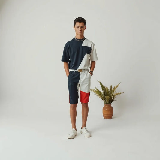 Person modeling a bold graphic statement outfit against a clean neutral studio background