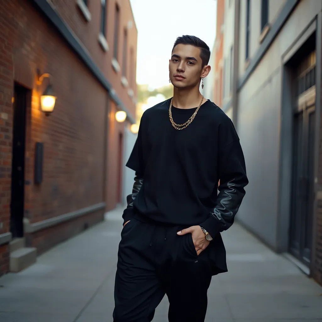 Model in tattoo-inspired streetwear with an oversized graphic tee, bomber jacket, and layered chains in an urban alley