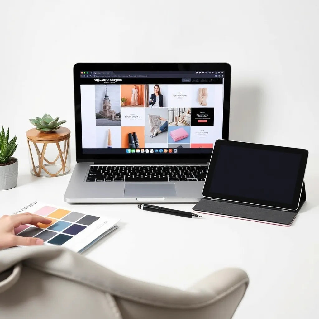Laptop and tablet setup with fabric swatch and design thumbnails for a practical AI apparel workflow