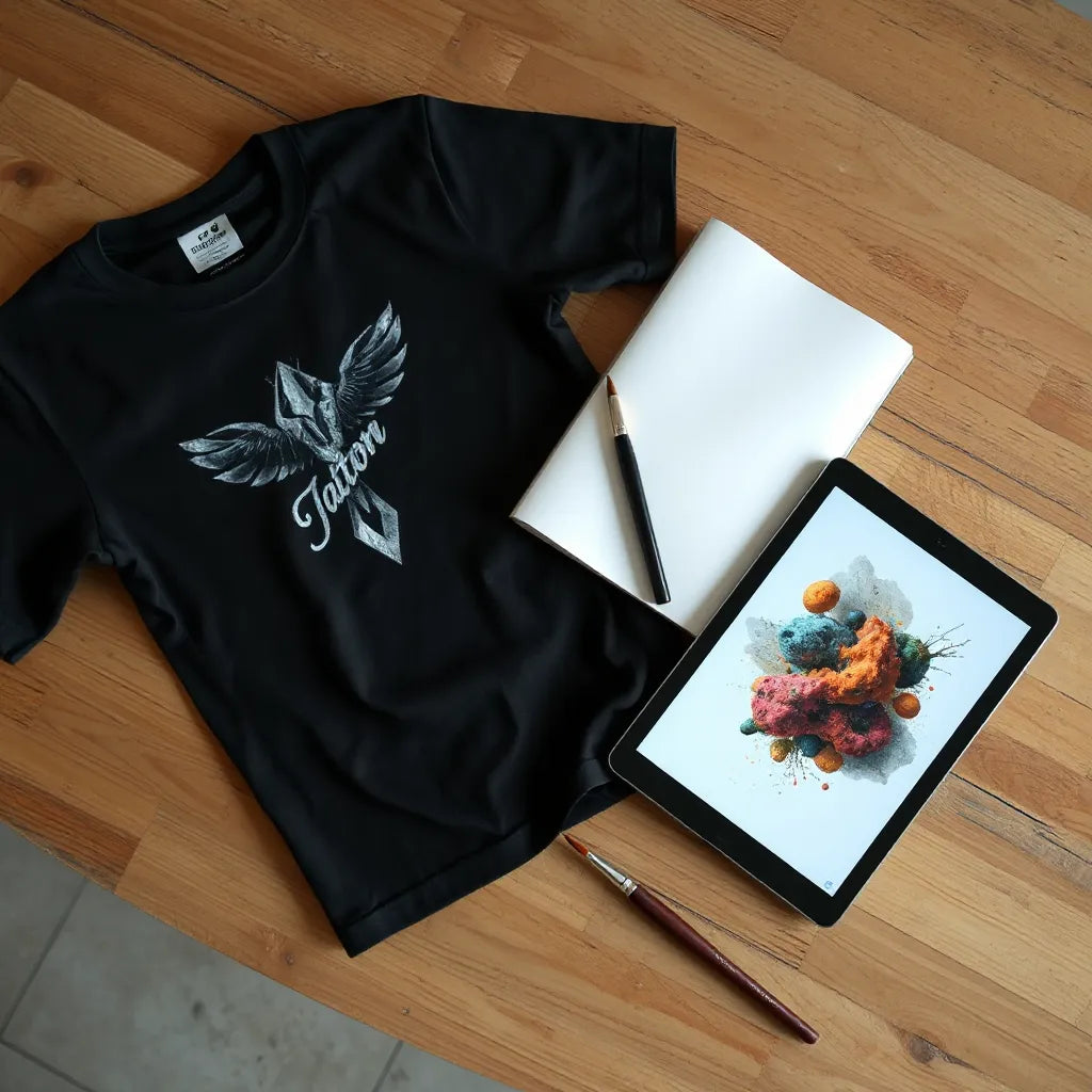 Black t-shirt and tattoo-inspired design mockups on a studio table with a sketchbook and stylus