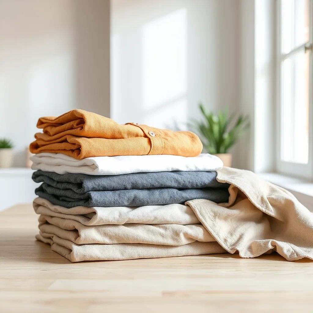Neatly folded premium cotton shirts and tees with visible soft fabric texture in natural light