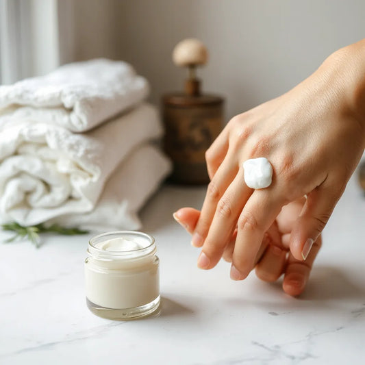 A hand applying nourishing cream from a tube and jar on a clean countertop with soft, hydrated skin