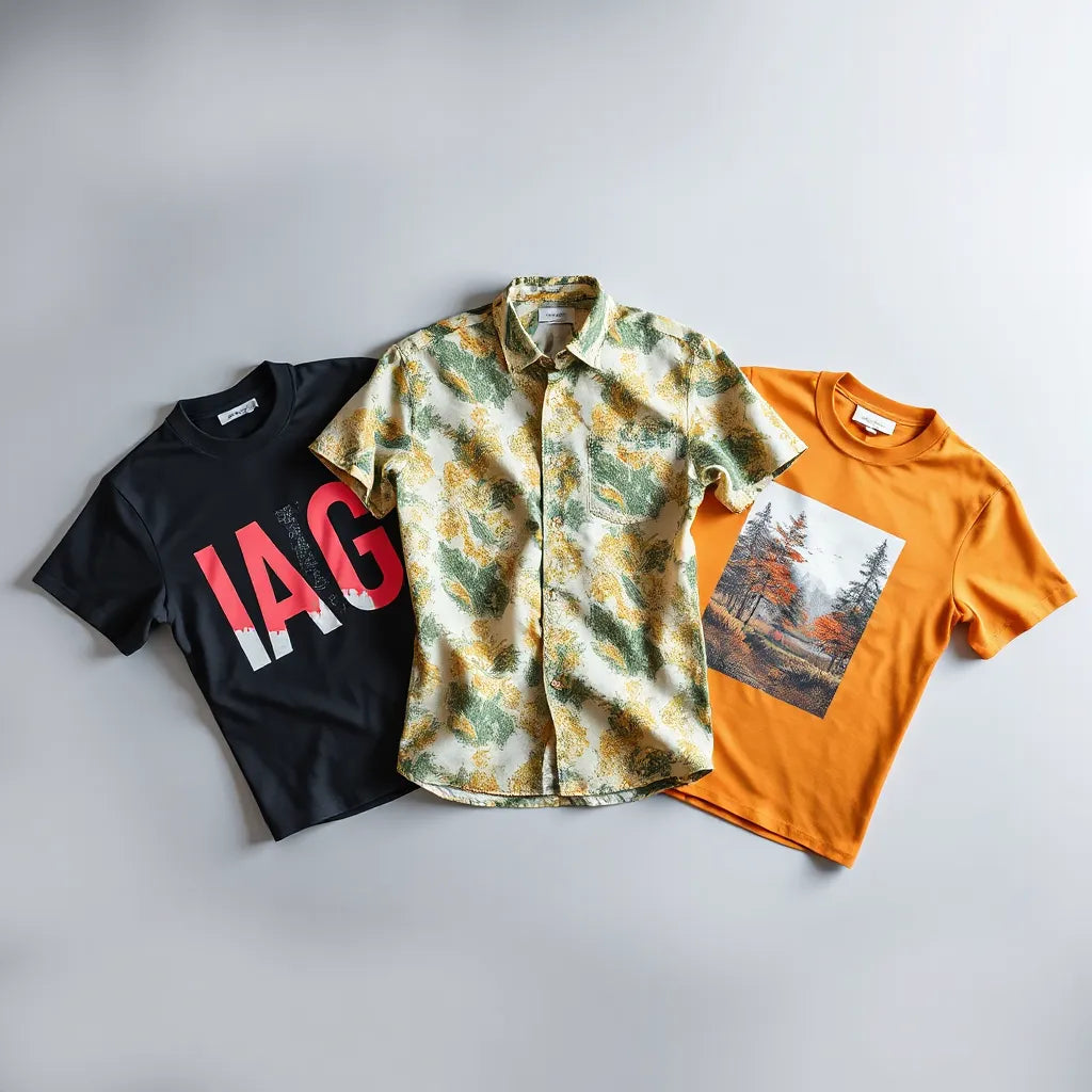 Three unique printed shirts with distinct graphic designs laid out on a neutral background