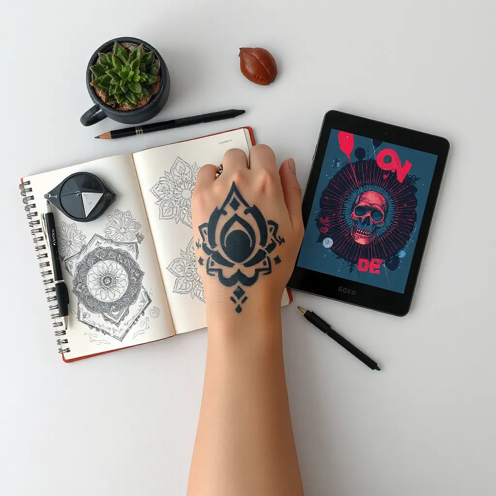 Tattoo stencil mockup on an arm with surreal AI graphic design elements around it
