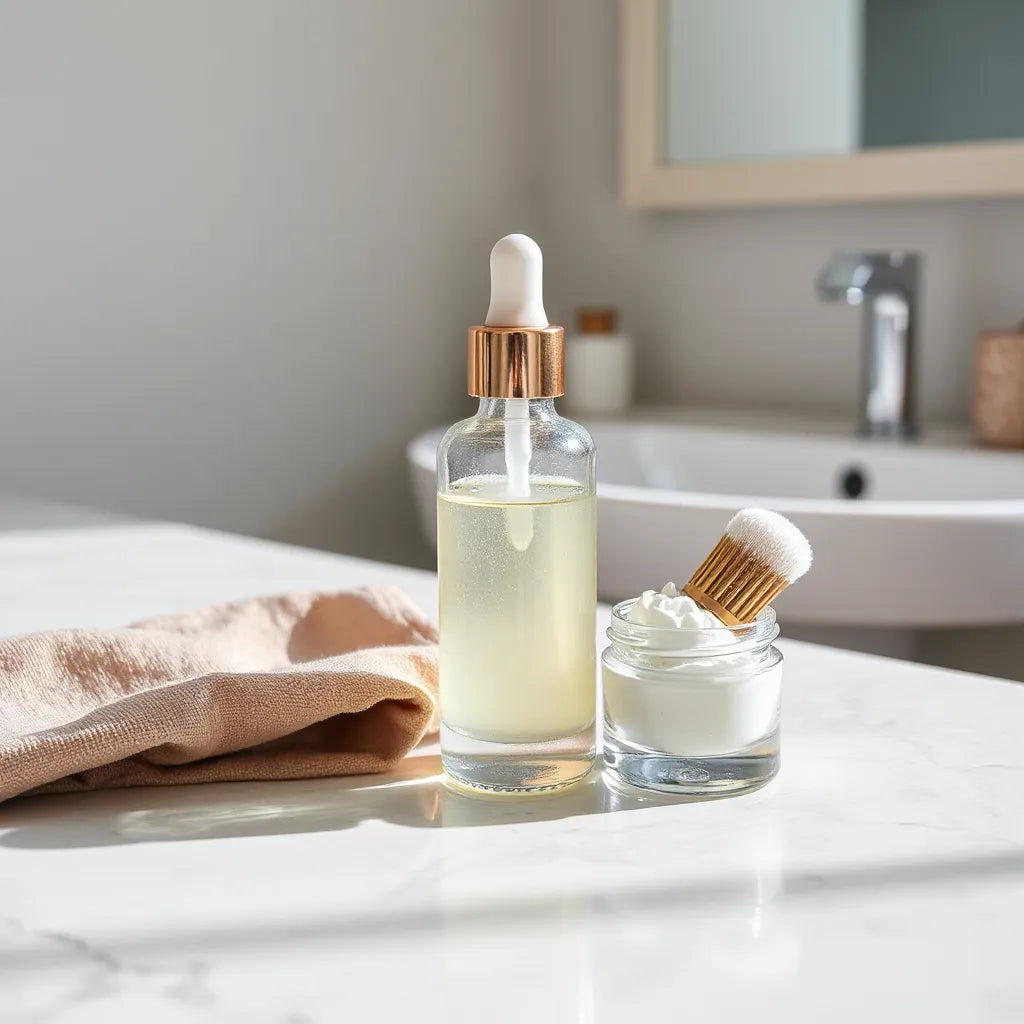 Lightweight gel moisturizer and clear serum on a tidy bathroom vanity with soft natural light