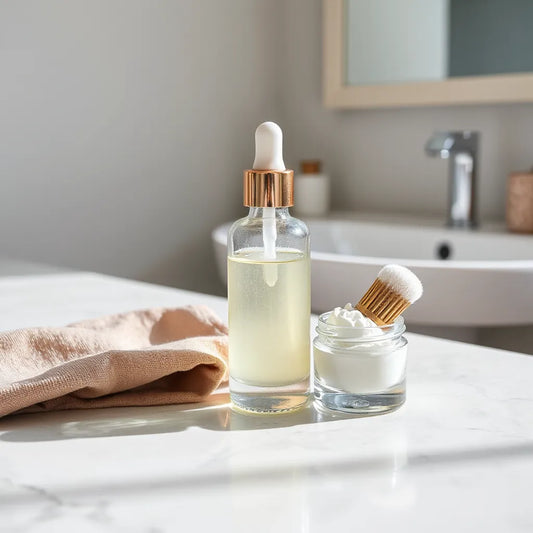 Lightweight gel moisturizer and clear serum on a tidy bathroom vanity with soft natural light