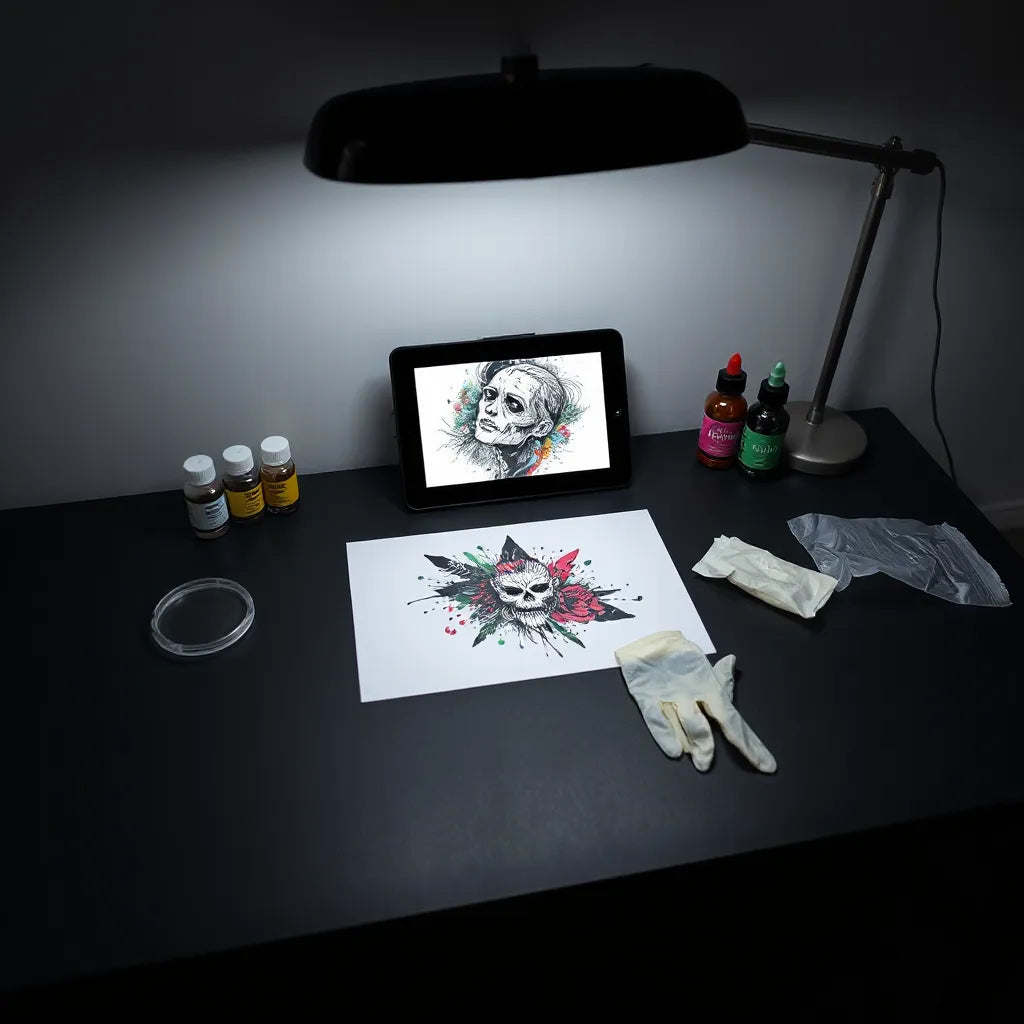 Tattoo stencil and tablet with surreal bold graphic design in a clean studio workspace