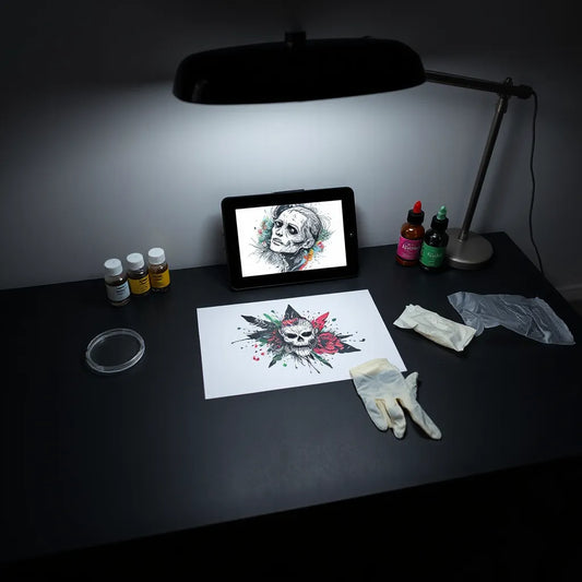 Tattoo stencil and tablet with surreal bold graphic design in a clean studio workspace