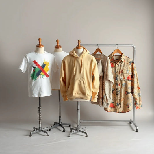 Mannequins wearing artistic patterned shirts and jackets in a clean studio setting