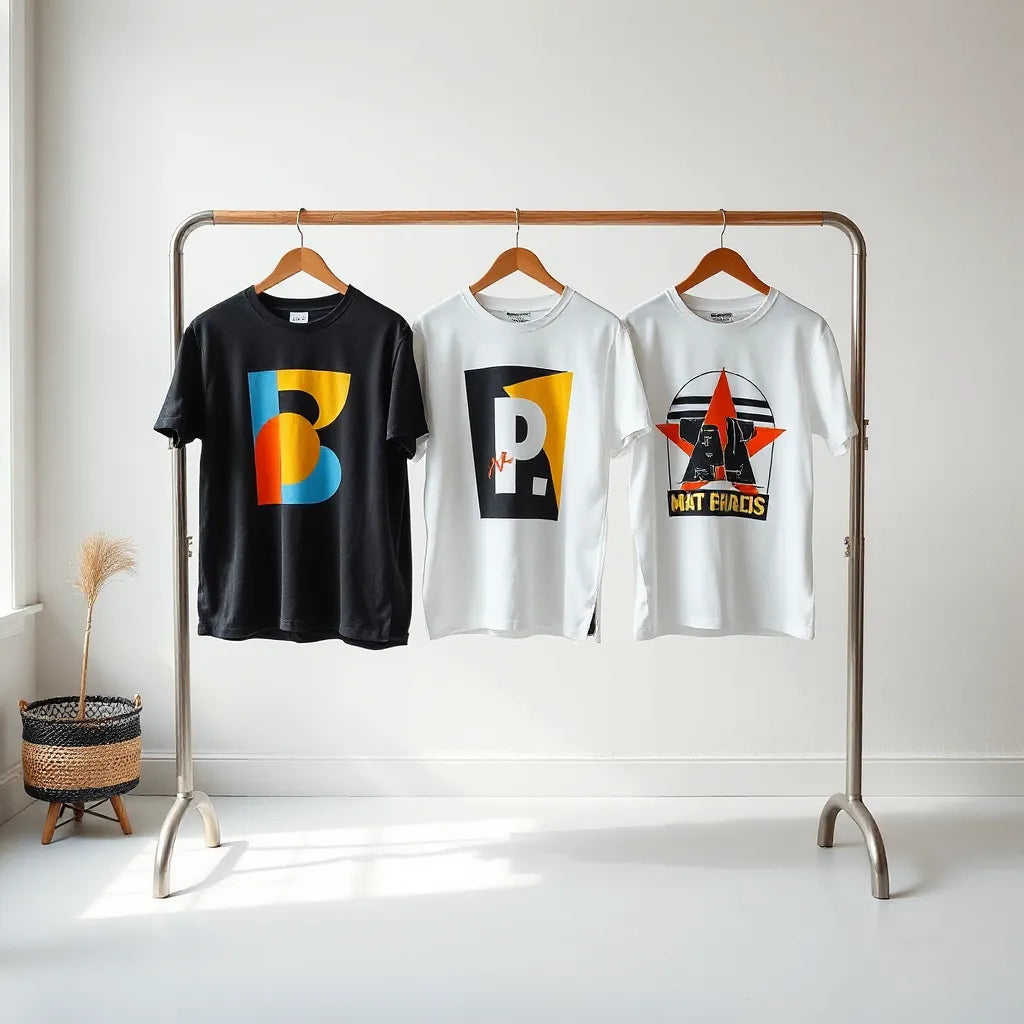 Bold graphic T-shirts with modern artwork on a neutral rack in soft studio lighting