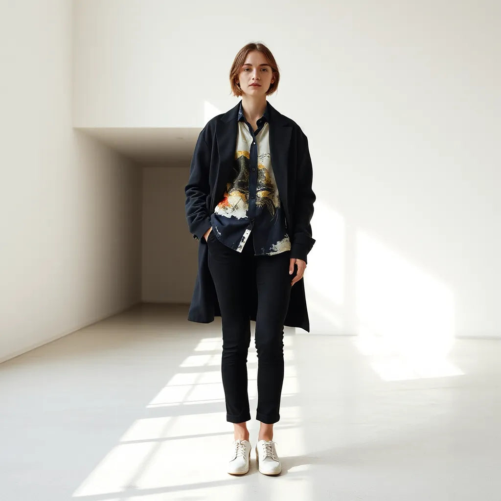 Model in an art-inspired outfit with a bold abstract print in a bright gallery setting