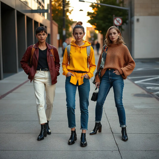 Three models in distinct, bold outfit combinations on a clean city sidewalk at golden hour