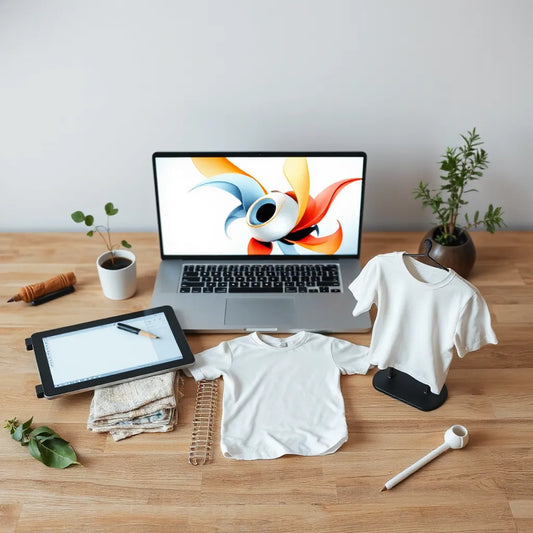 Laptop and design tools beside a blank t-shirt mockup and fabric swatches in a clean workspace