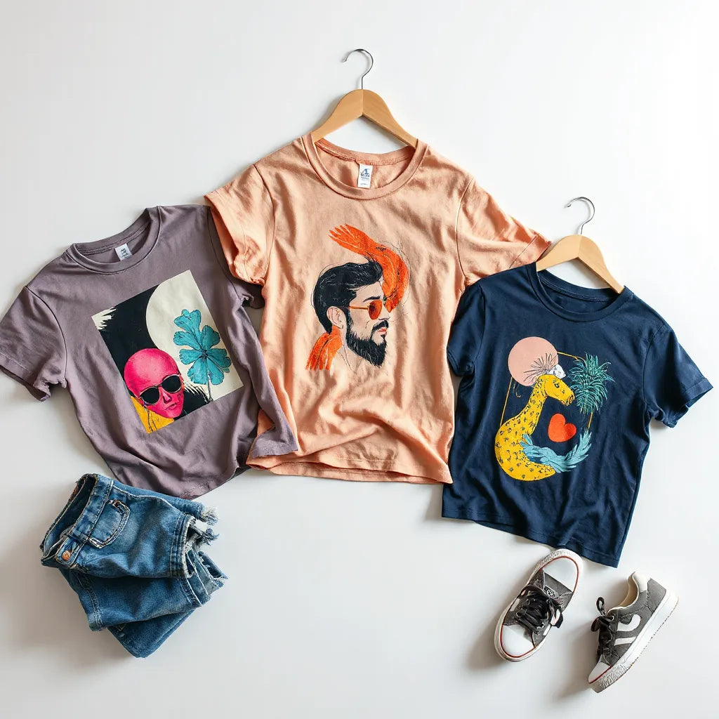 Vibrant illustrated graphic tees displayed with a hanger and denim accessories on a neutral background.