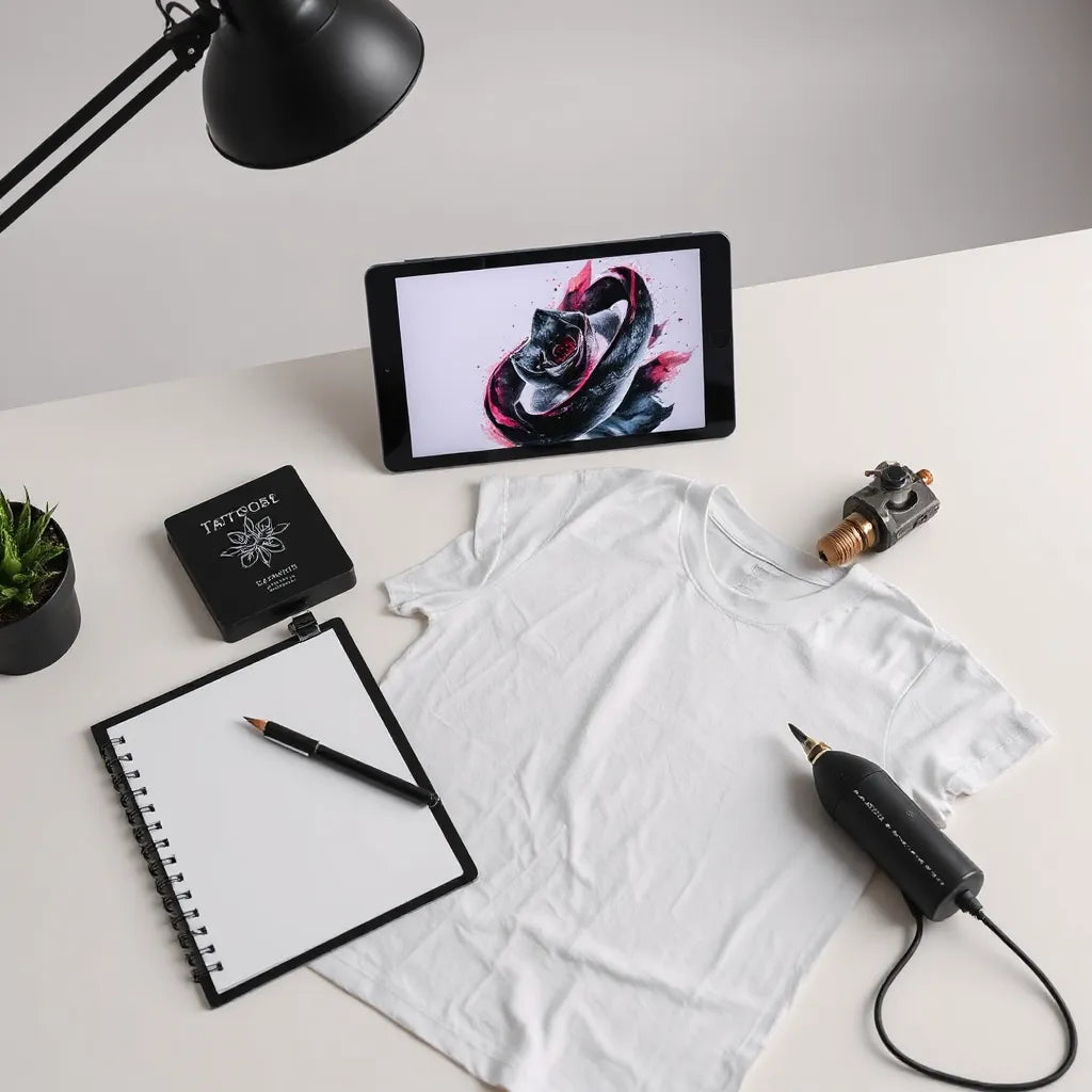 Tattoo-inspired graphic design concept on a t-shirt in a clean studio with sketch tools and tablet
