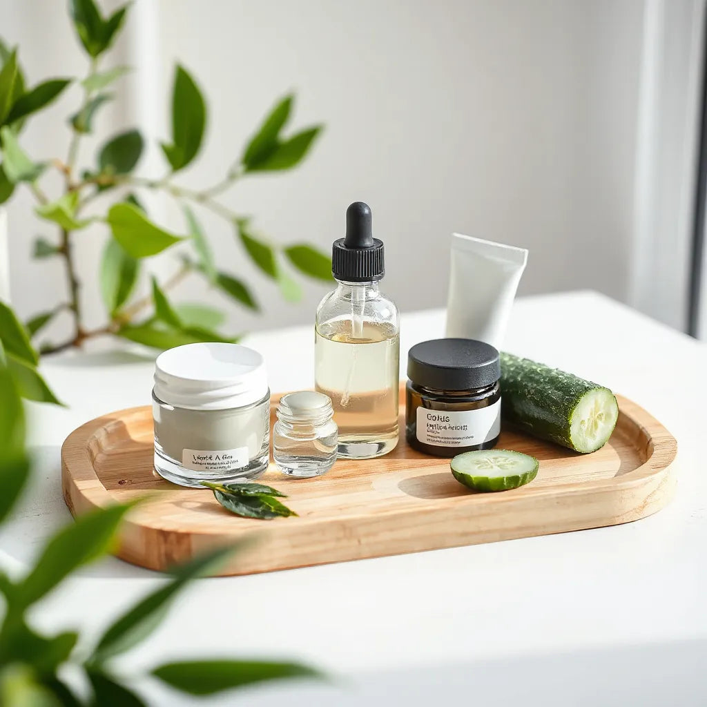 Organic skincare bottles and jars on a wooden tray with aloe, cucumber, and green leaves