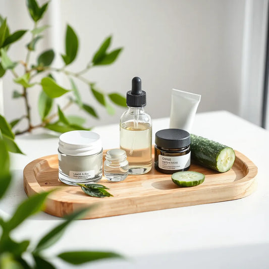 Organic skincare bottles and jars on a wooden tray with aloe, cucumber, and green leaves