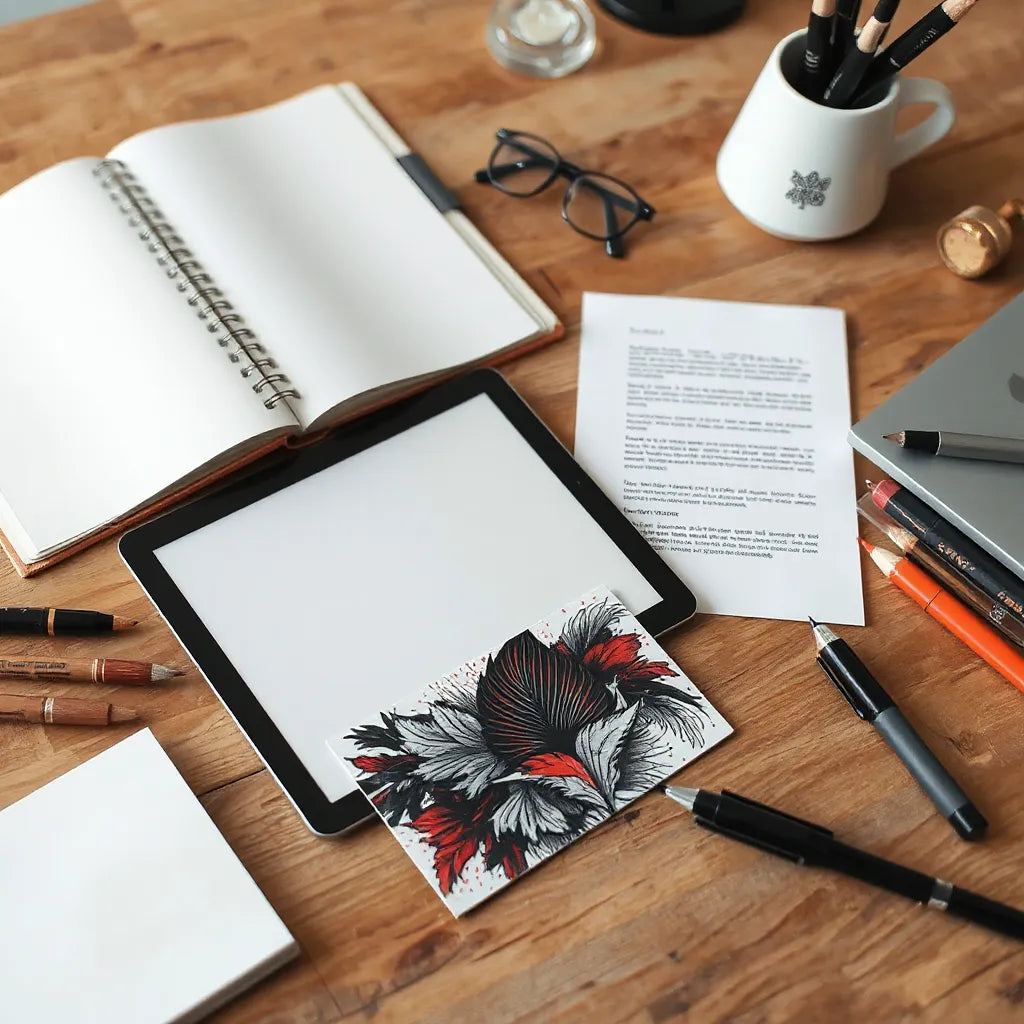 Tattoo design concepts on a sketchbook and drawing tablet with bold surreal ink-like artwork.