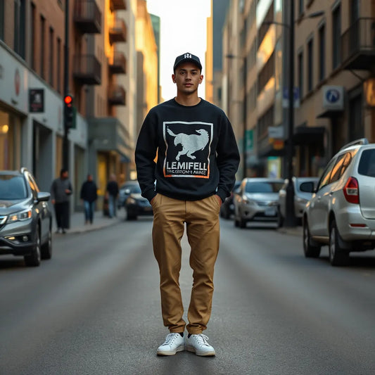 Person wearing a high-contrast graphic statement outfit in a city street setting at golden hour