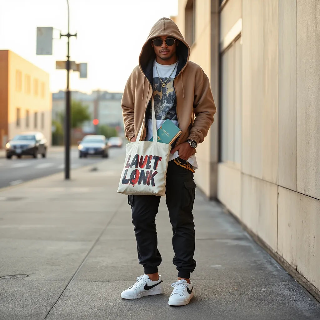 Creative streetwear outfit with a graphic hoodie and layered tee on a city sidewalk at golden hour