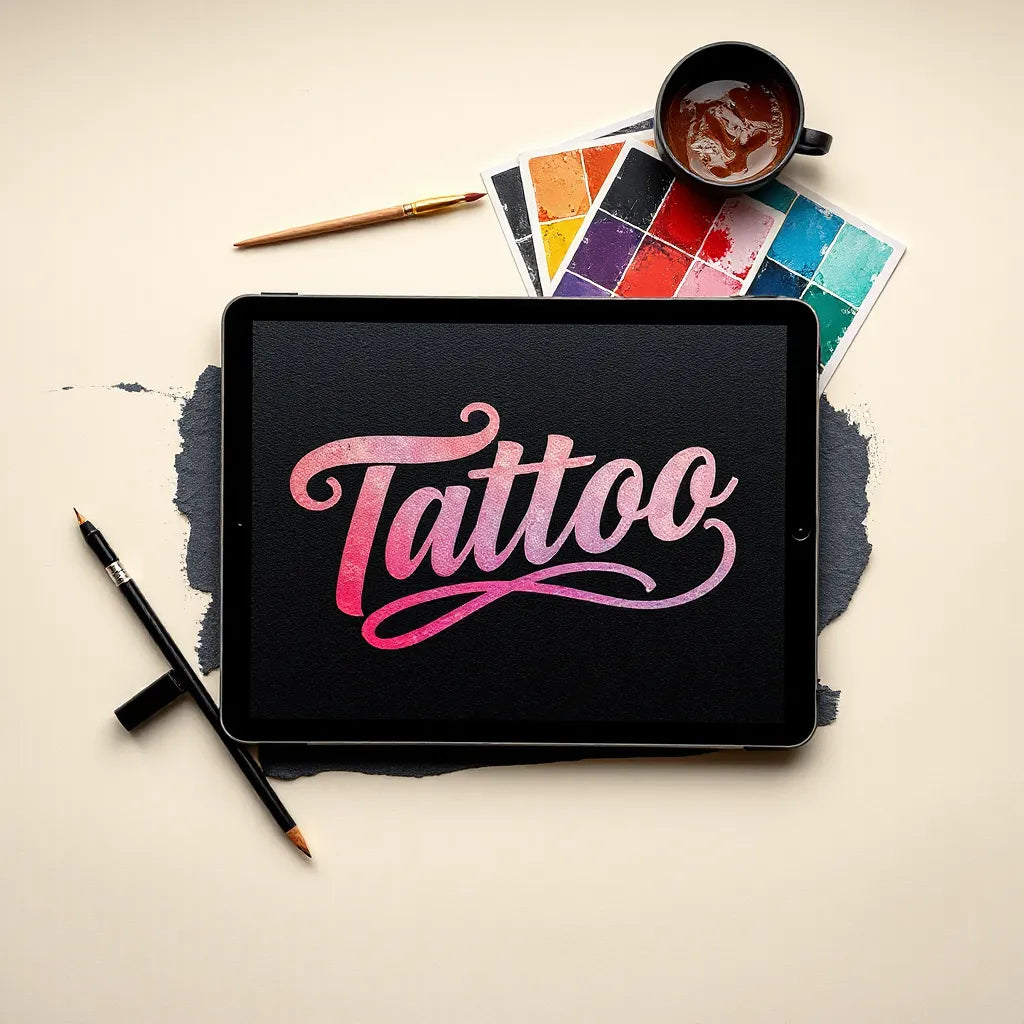Bold tattoo stencil and ink tools with a tablet showing a surreal AI art design
