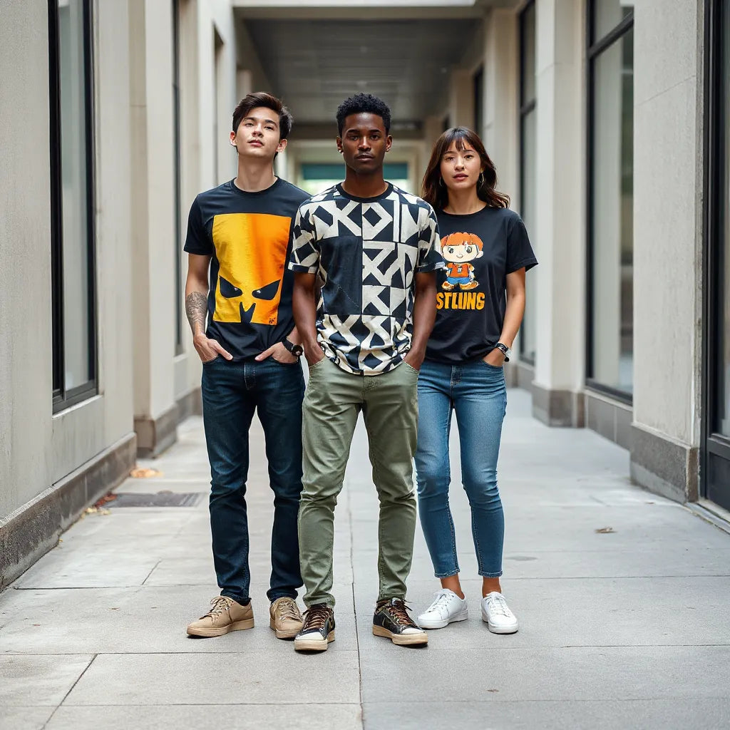 Models wearing bold graphic tees with large high-contrast prints, styled with jeans and sneakers in daylight