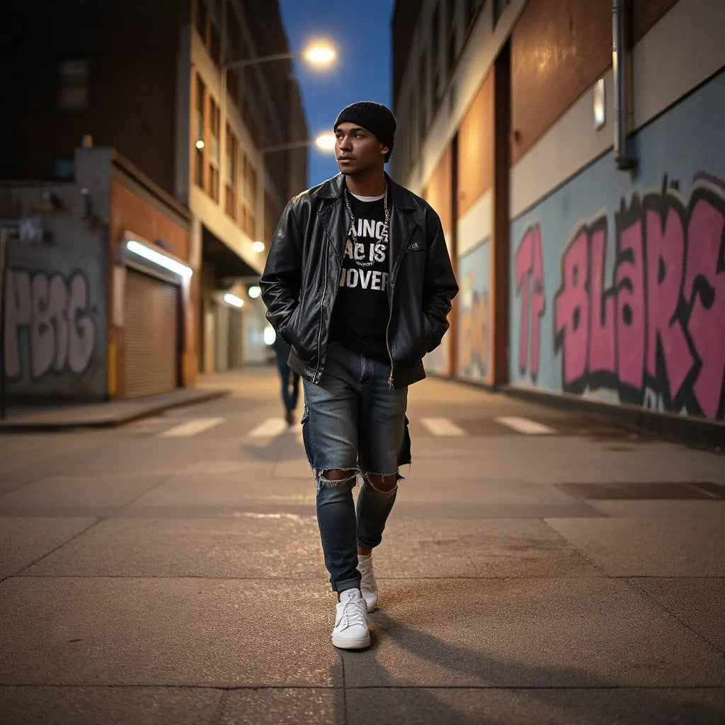 Person in edgy urban fashion styling with leather jacket, graphic tee, distressed jeans, and chunky sneakers on a city street