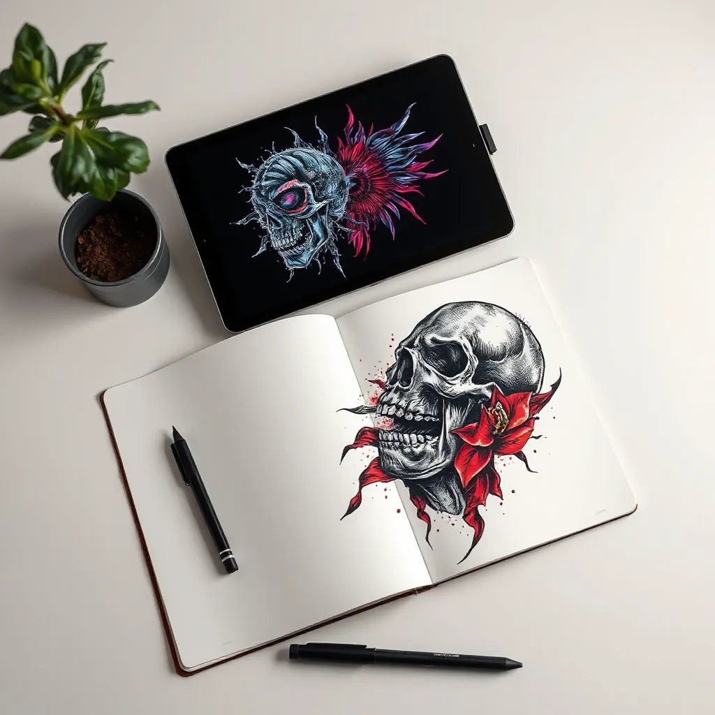 Surreal tattoo graphic design sketches on a studio desk with an AI art tablet showing bold ink concepts