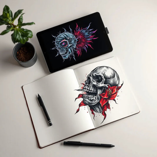 Surreal tattoo graphic design sketches on a studio desk with an AI art tablet showing bold ink concepts