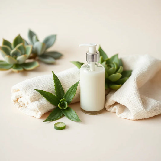 Minimal bottle of plant-based body lotion with fresh green leaves on a light background