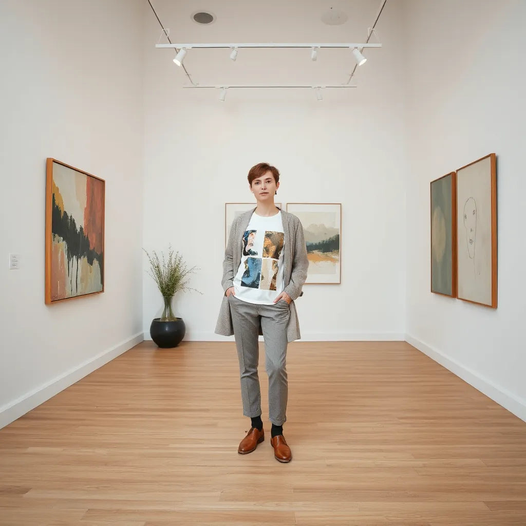 Art gallery outfit with layered abstract prints and framed modern artworks in the background
