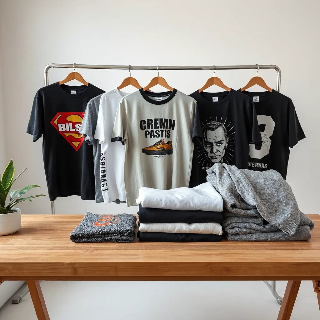 A curated display of limited-edition graphic shirts with bold artwork in a clean studio setup