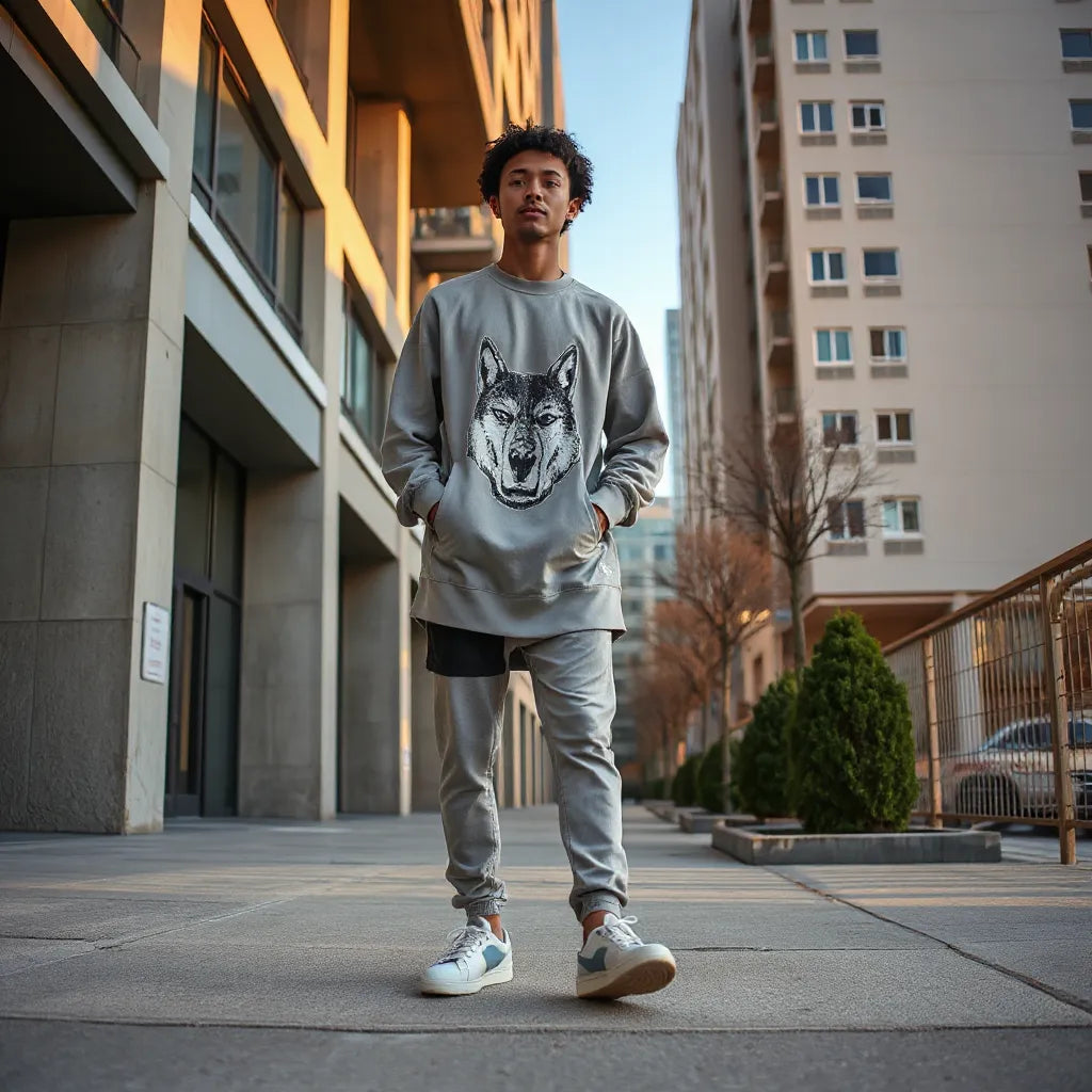 Streetwear outfit with layered sweatshirt, fitted pants, and sneakers in a modern urban setting