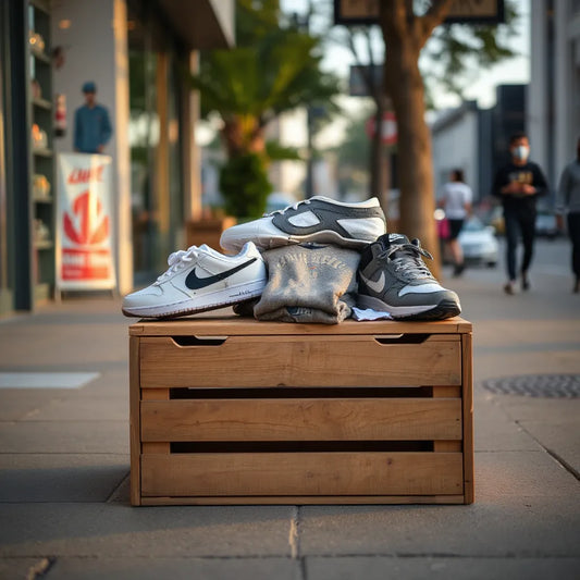 Streetwear hoodie, graphic tee, and sneakers displayed on a crate outside on a city sidewalk