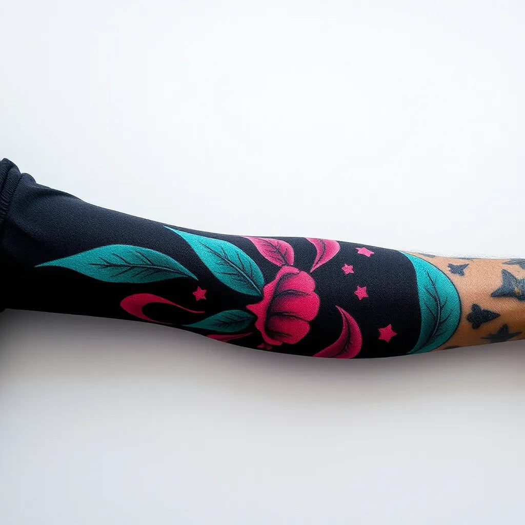 Bold surreal tattoo graphic design on a dark fabric sleeve with vivid AI art ink accents