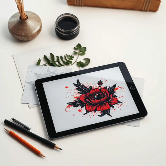 Tattoo stencil and graphic tablet on a desk showing bold surreal design concepts