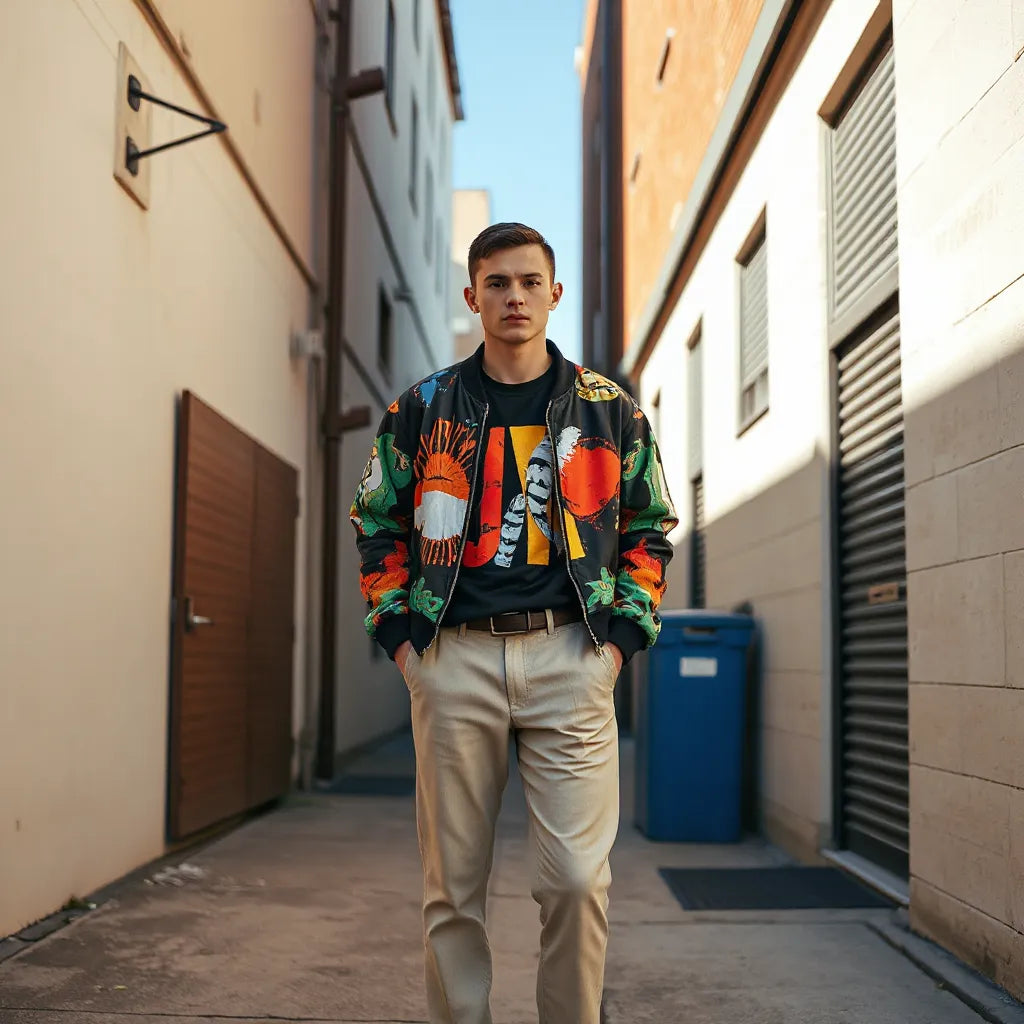 Model wearing an abstract print jacket and graphic tee with neutral bottoms in a sunlit urban setting