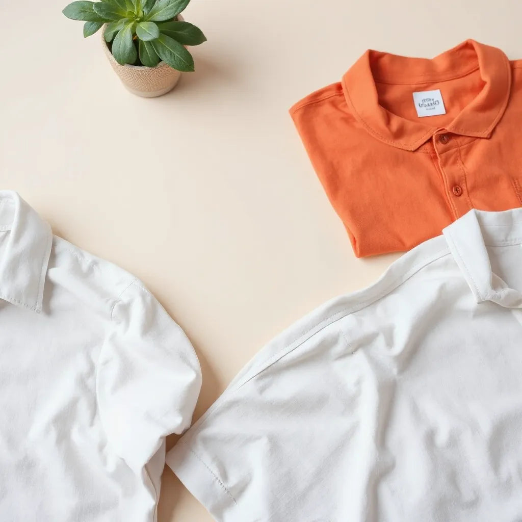 Neatly arranged printed shirts with crisp graphics and visible fabric texture in a clean studio setup