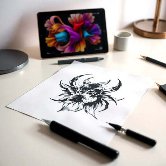 Surreal tattoo graphic design sheet with bold ink lines and color overlay in a clean studio setting